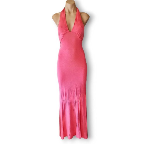 Dresses & Skirts - Y2k, pink halter tie maxi dress with deep plunge front UK 8 fits AU 6, 8, 10, 12